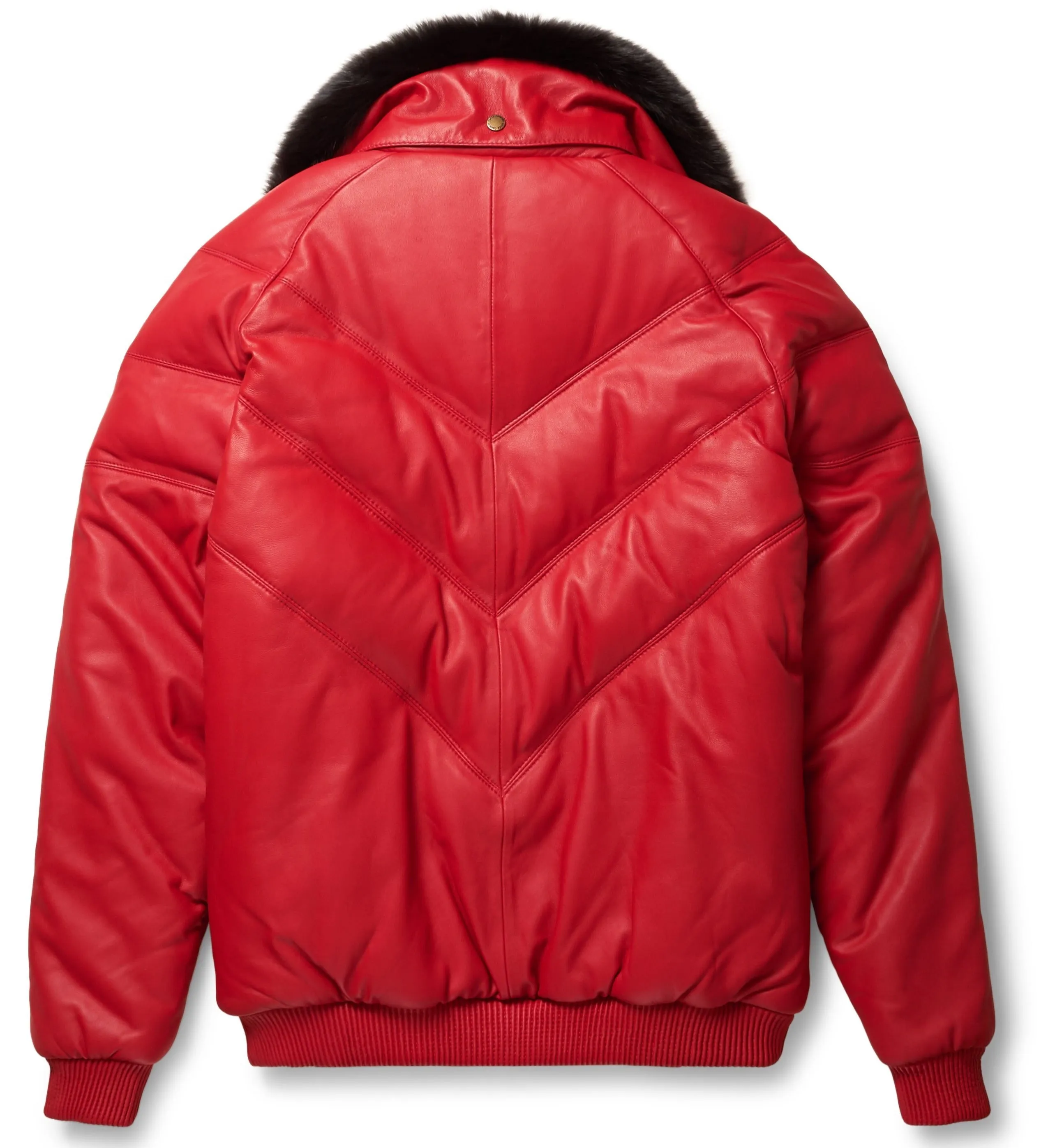 Red Leather V-Bomber Jacket with Black Fur Collar