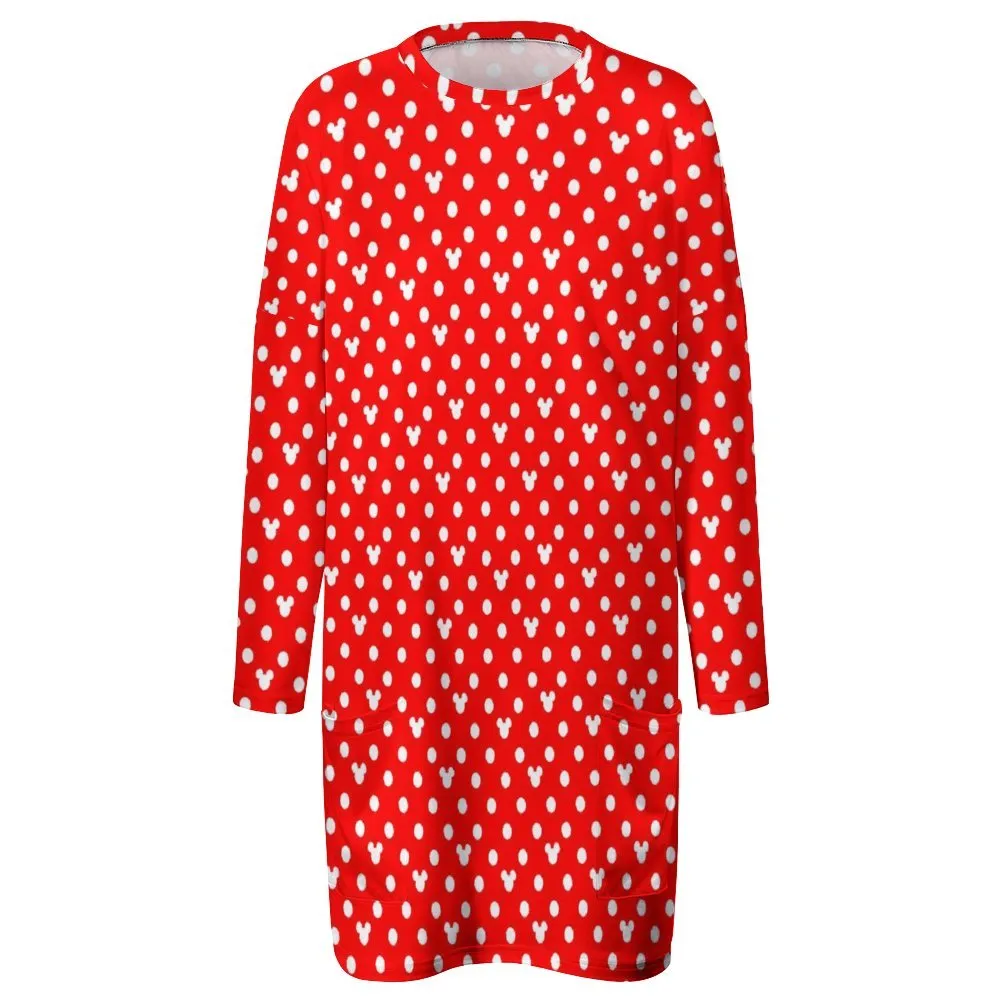 Red With White Mickey Polka Dots Women's Long Fit Sweatshirt With Pockets