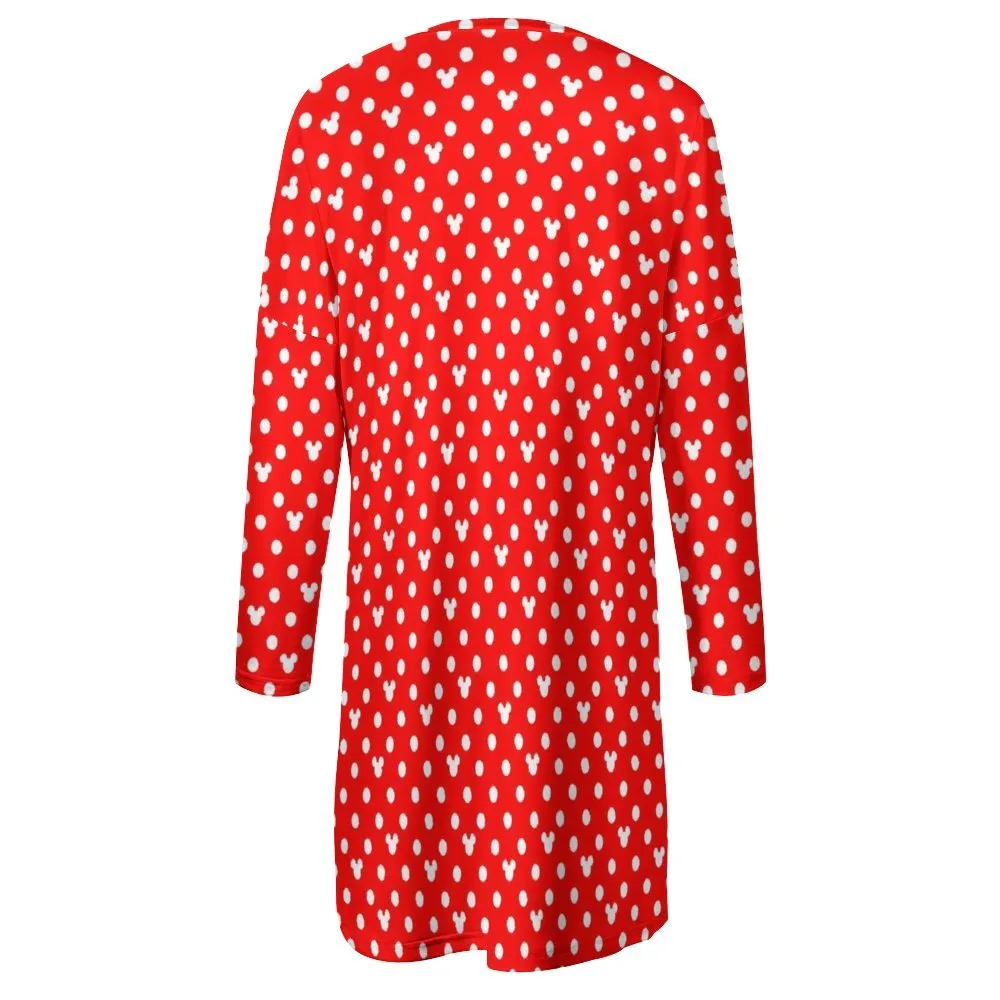 Red With White Mickey Polka Dots Women's Long Fit Sweatshirt With Pockets