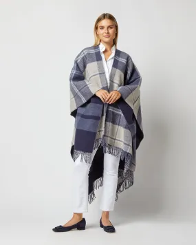 Reversible Lambswool Cape in Blue/Cream Windowpane