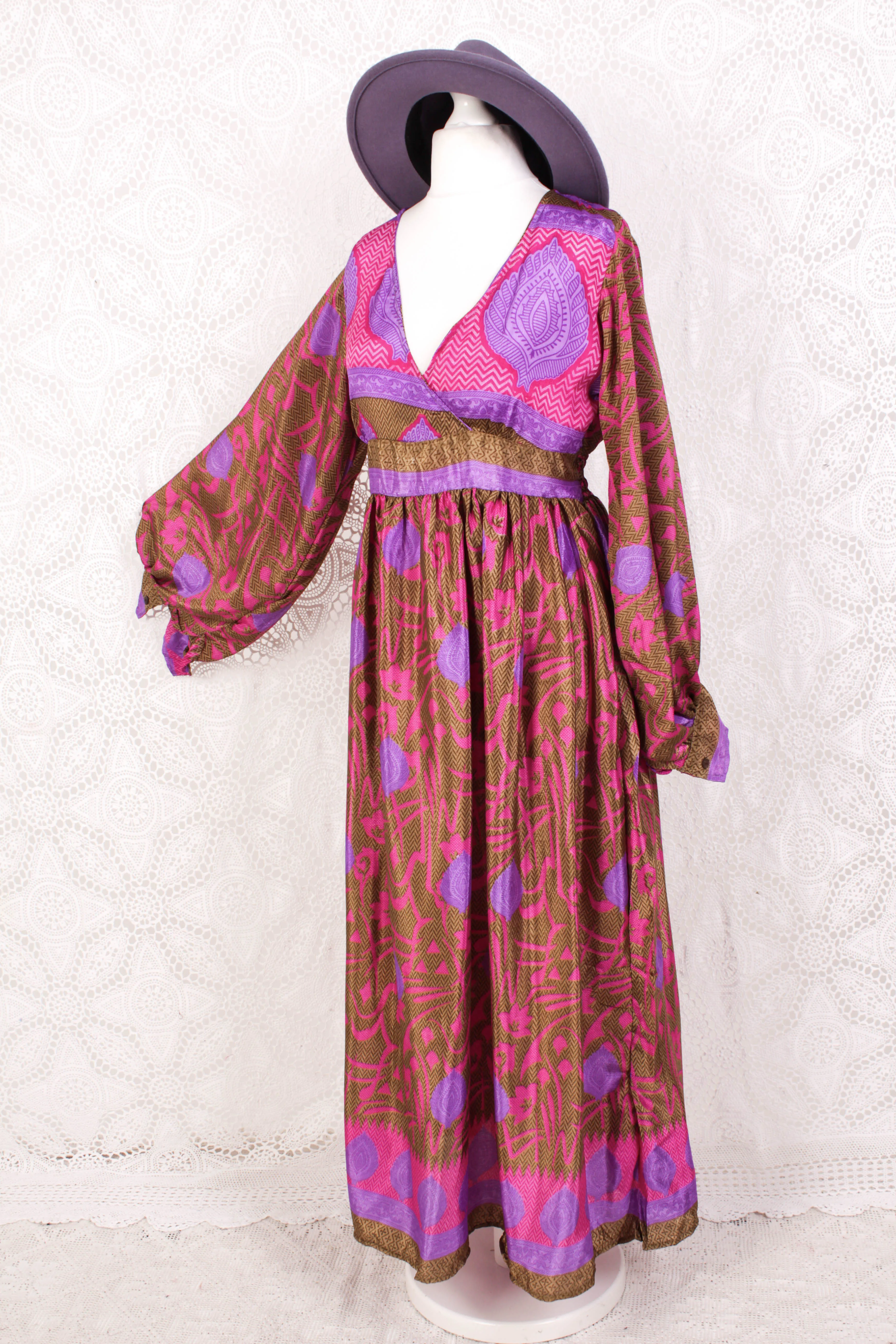 Rosemary Maxi Dress - Vintage Indian Sari - Bronze, Pink & Purple - S/M