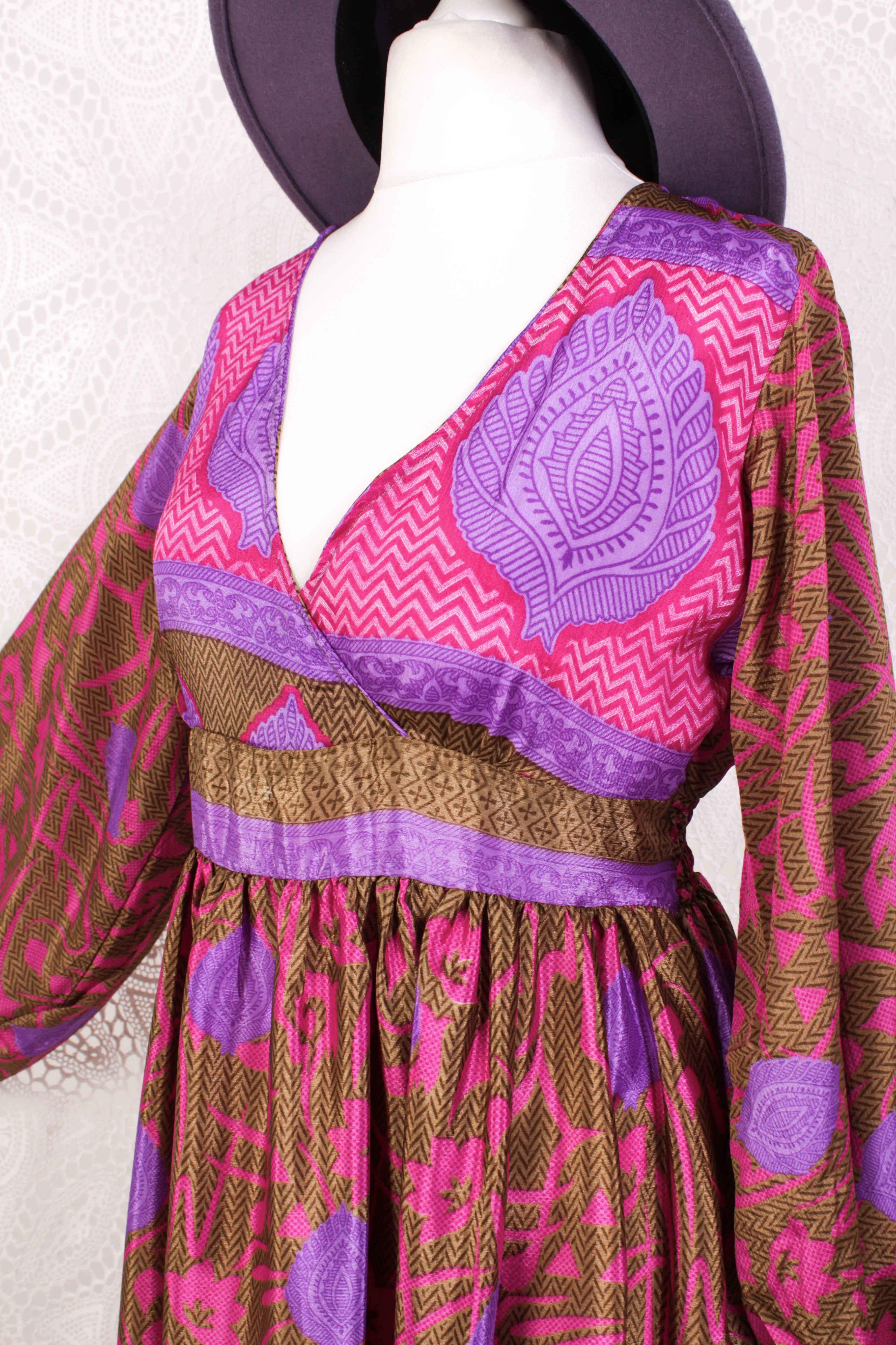 Rosemary Maxi Dress - Vintage Indian Sari - Bronze, Pink & Purple - S/M