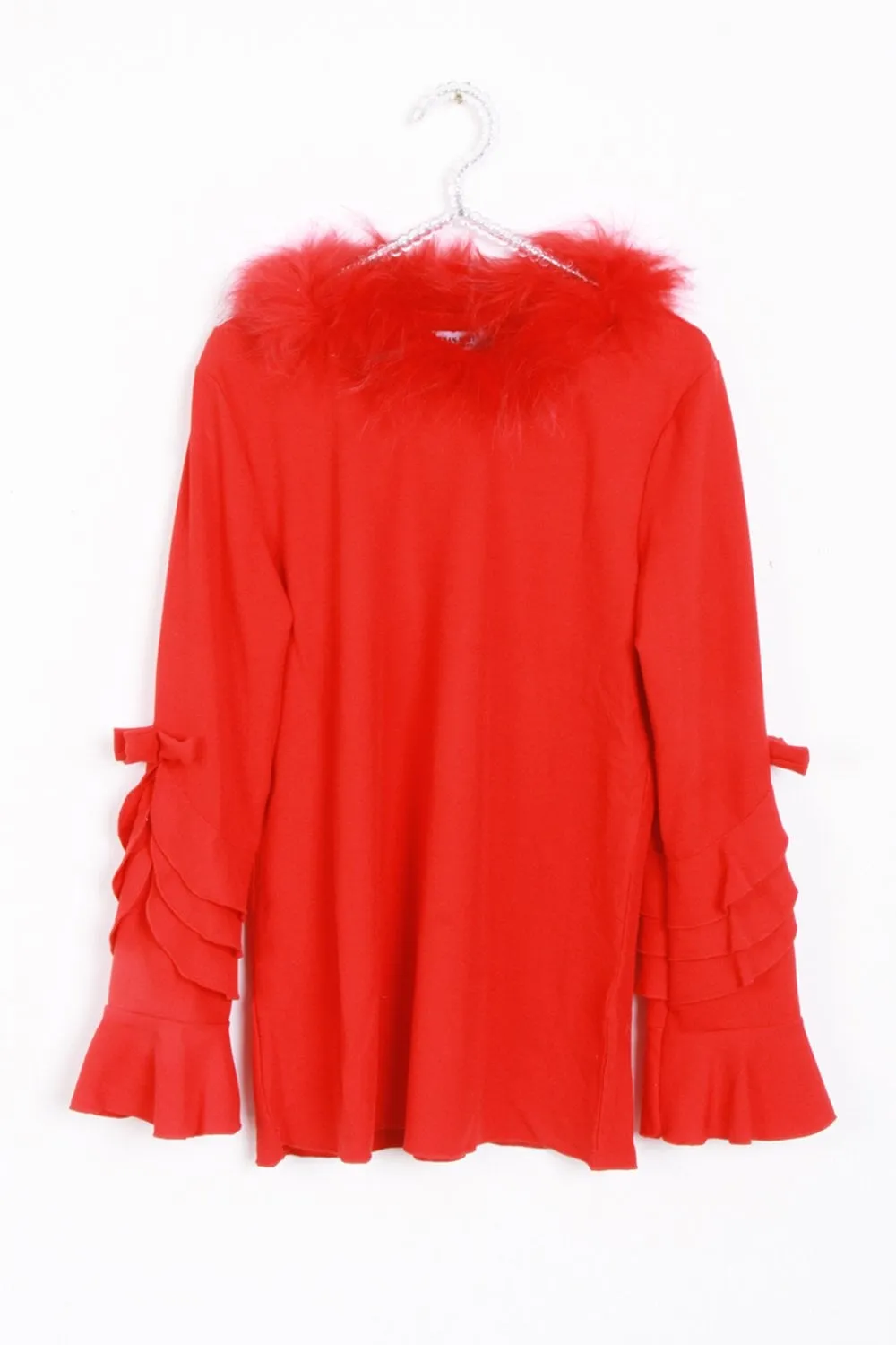 Ruffle Bow Detail Bell Sleeve Fur Trim Collar Knitted Jumper