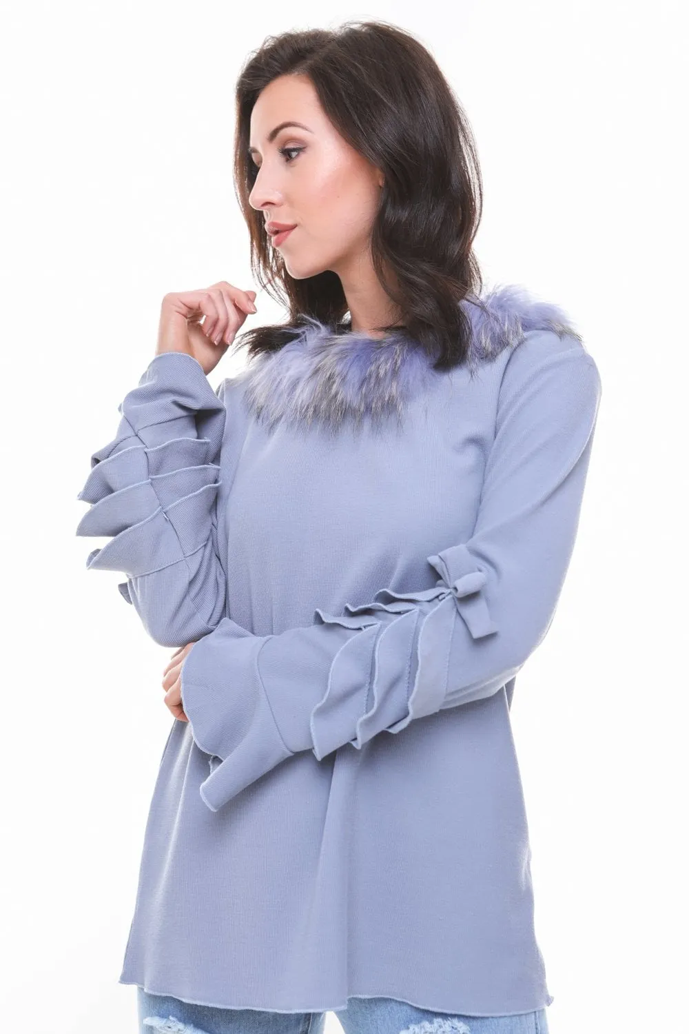 Ruffle Bow Detail Bell Sleeve Fur Trim Collar Knitted Jumper