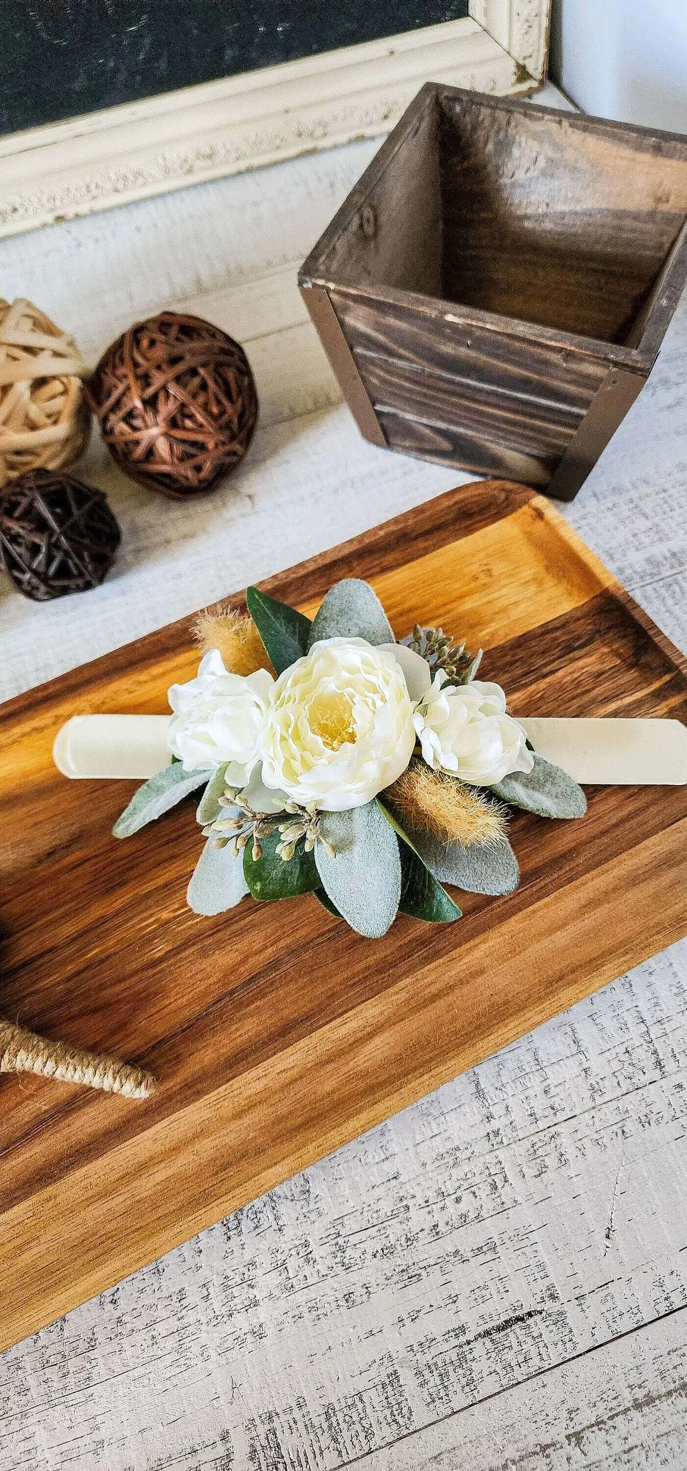 Rustic Ivory Ranunculus Wrist Corsage Bracelet and Boutonniere Set for Prom, Wedding, Formal Event, Gift for Her, Mother, Mom, Bridesmaid