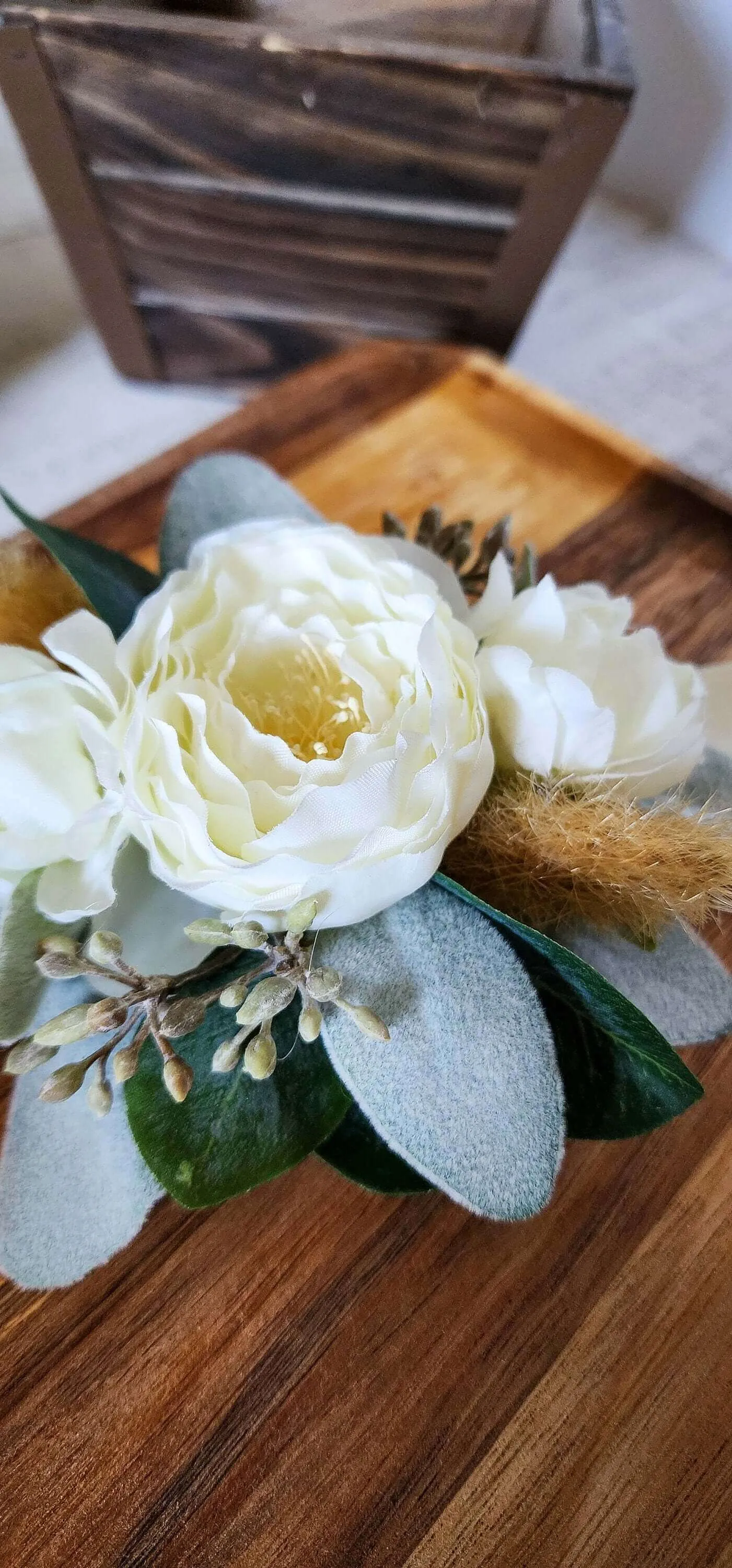 Rustic Ivory Ranunculus Wrist Corsage Bracelet and Boutonniere Set for Prom, Wedding, Formal Event, Gift for Her, Mother, Mom, Bridesmaid