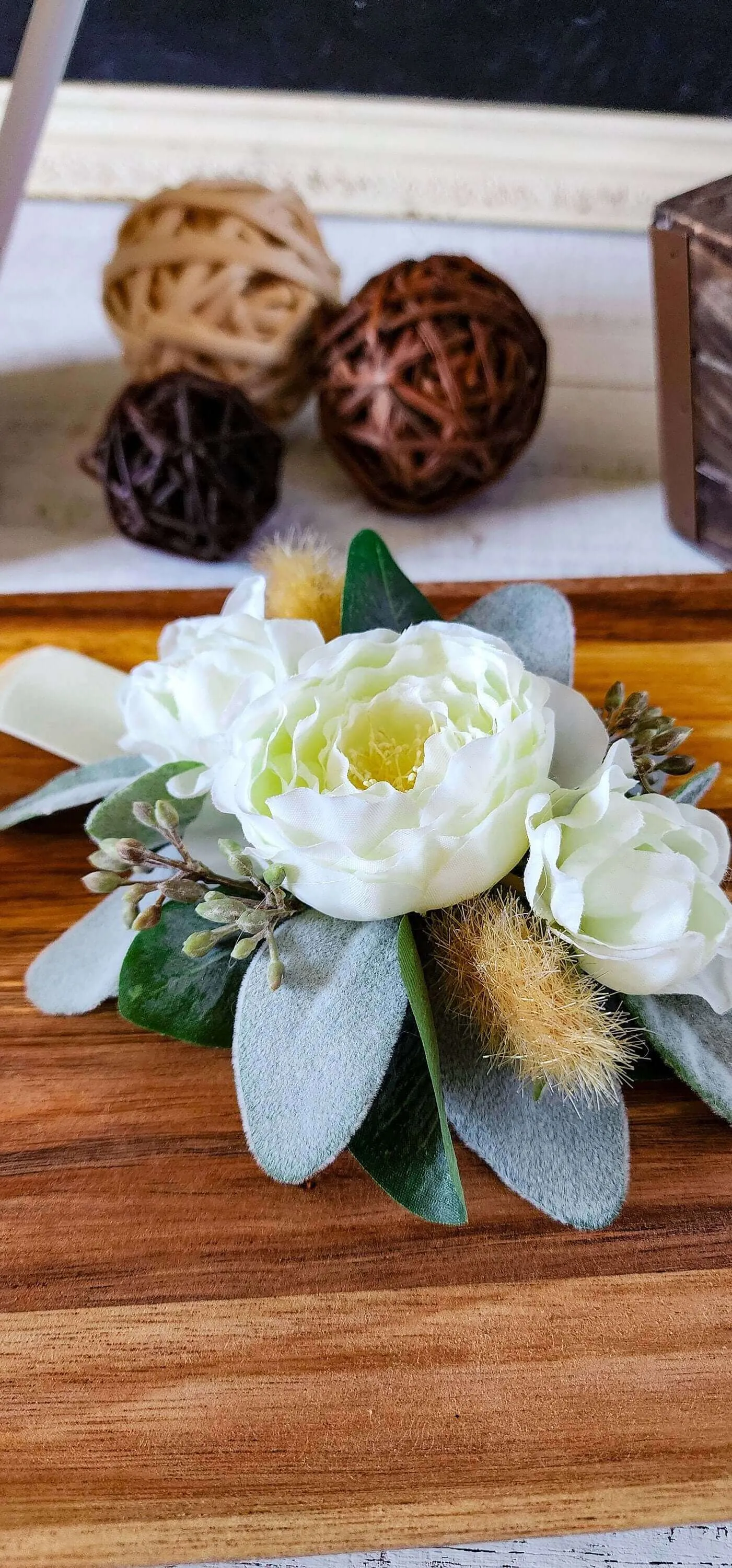 Rustic Ivory Ranunculus Wrist Corsage Bracelet and Boutonniere Set for Prom, Wedding, Formal Event, Gift for Her, Mother, Mom, Bridesmaid