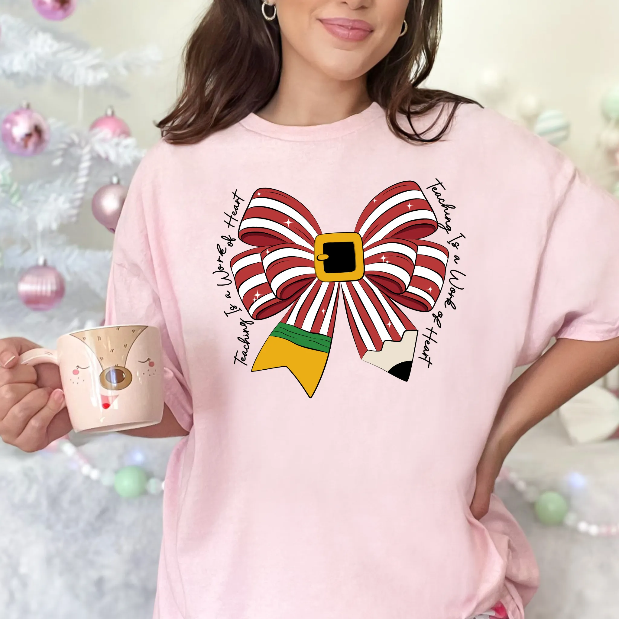 Santa Pencil Bow Teacher Shirt