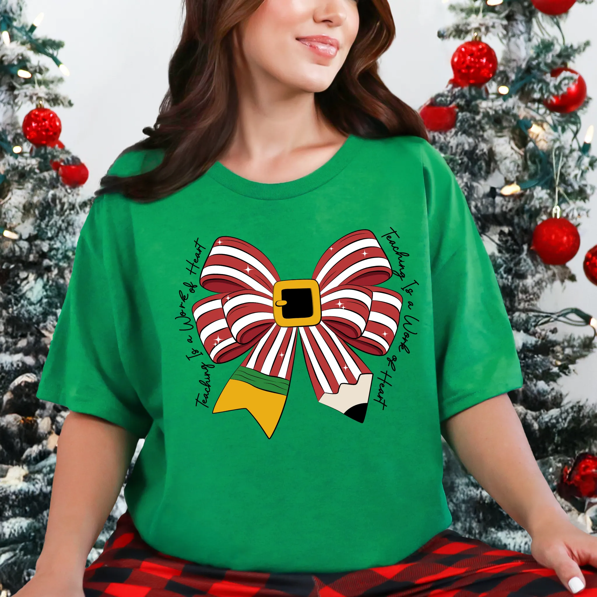 Santa Pencil Bow Teacher Shirt