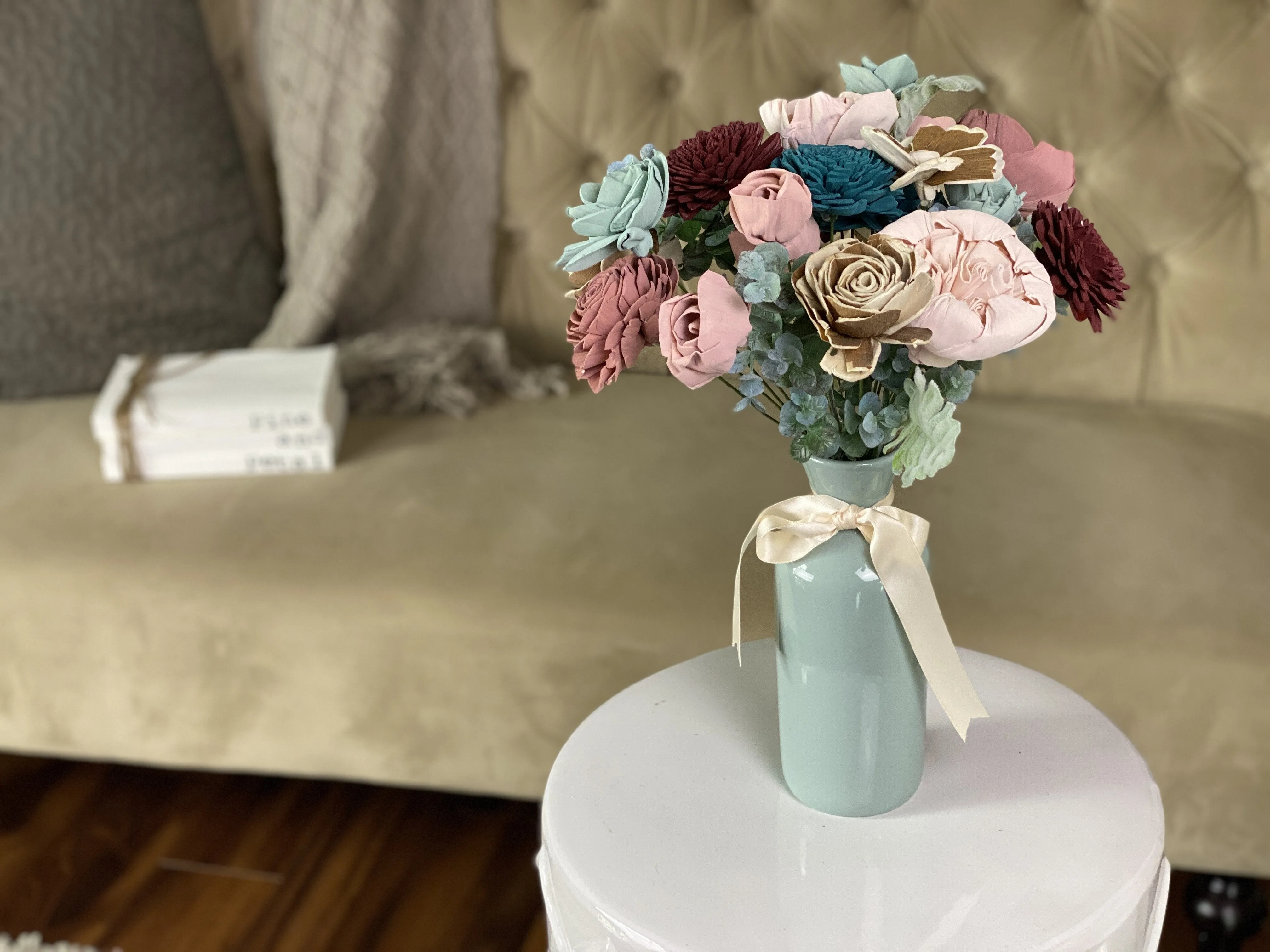 Seafoam & Succulents - Seafoam Vase Sola Flower Arrangement