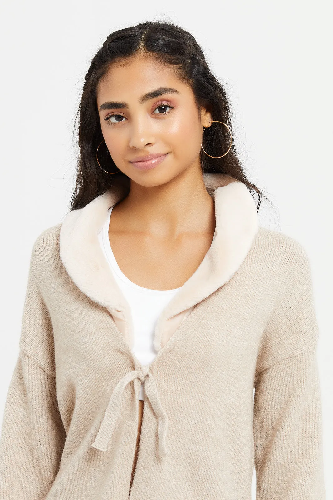 Senior Girls Cream Button Front Cardigan With Fur