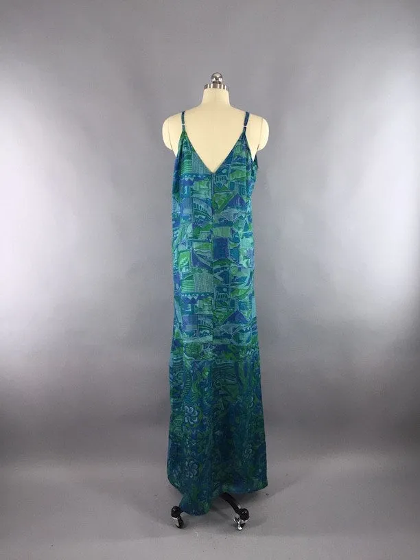 Silk Maxi Dress / Vintage Indian Silk Sari / Blue Abstract Print / TALL Long Dress