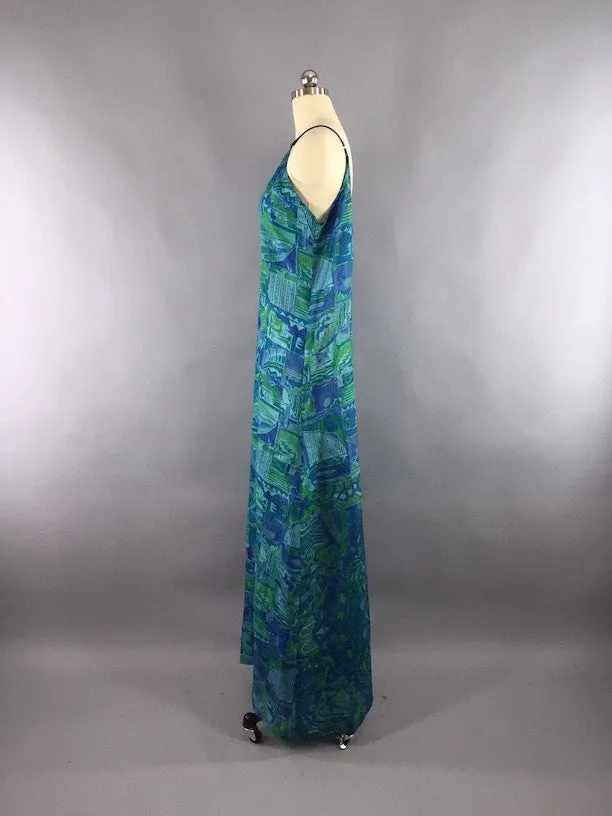 Silk Maxi Dress / Vintage Indian Silk Sari / Blue Abstract Print / TALL Long Dress