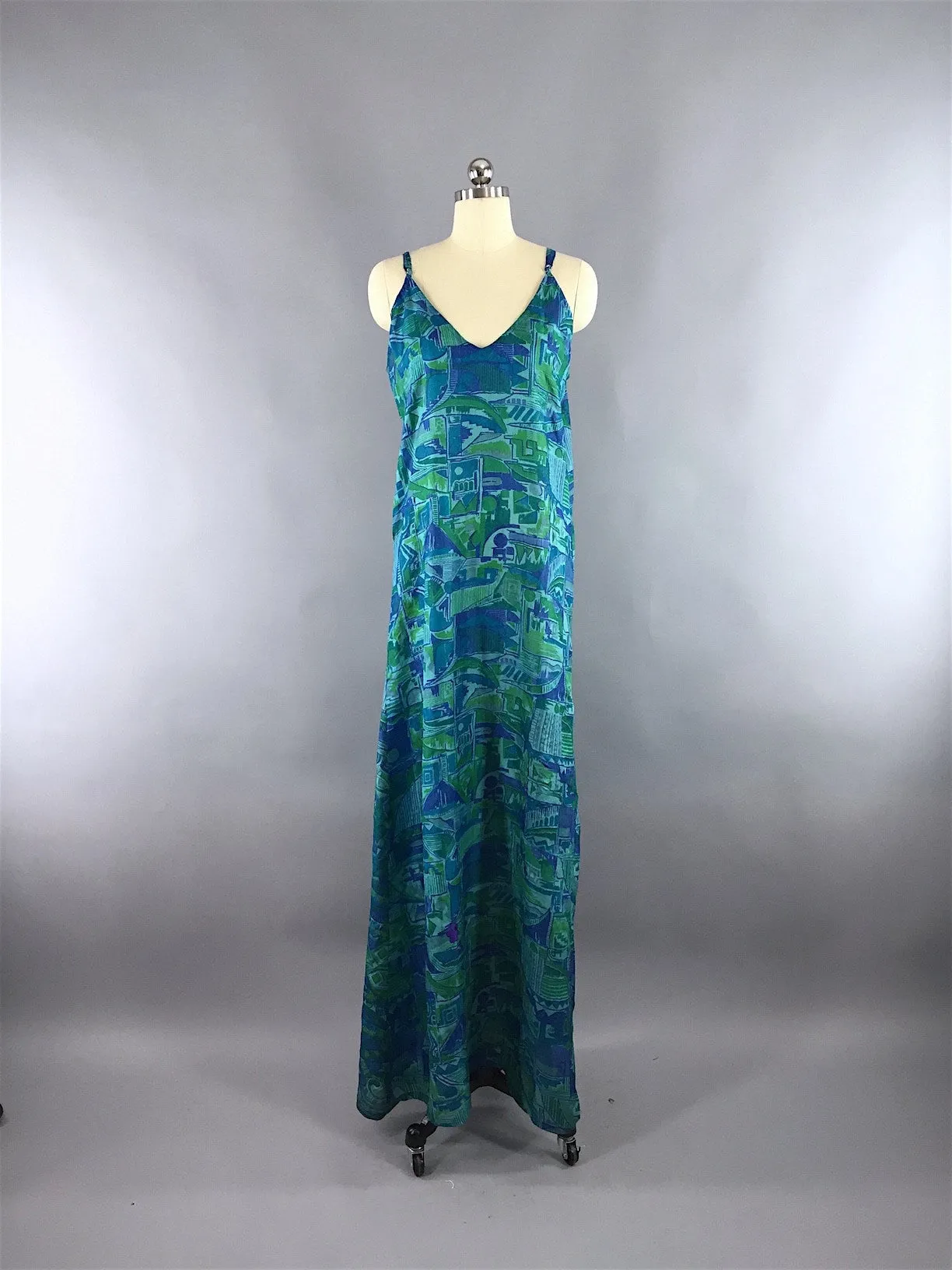 Silk Maxi Dress / Vintage Indian Silk Sari / Blue Abstract Print / TALL Long Dress