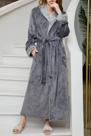 Solid Color Long Sleeve Flannel Thermal Robe Loungewear Bathrobe With Belt