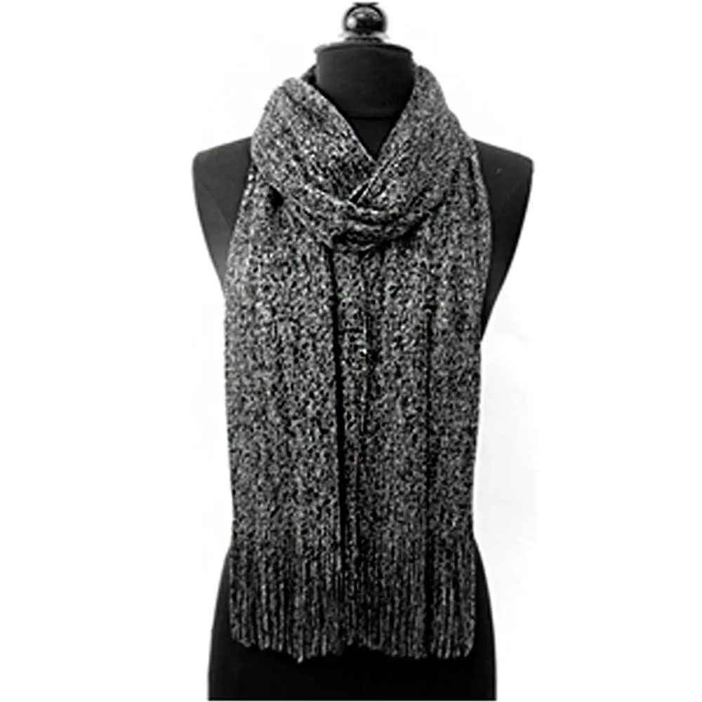 Solid Lurex Knit Scarf With Fringe-Black