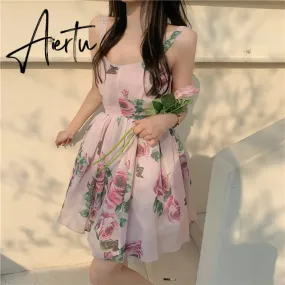 Spaghetti Strap Dress Summer Blooming Floral Print Ruffles Mini Slip Dress Women Chic  Lady Sleeveless Beach Dress Sundress