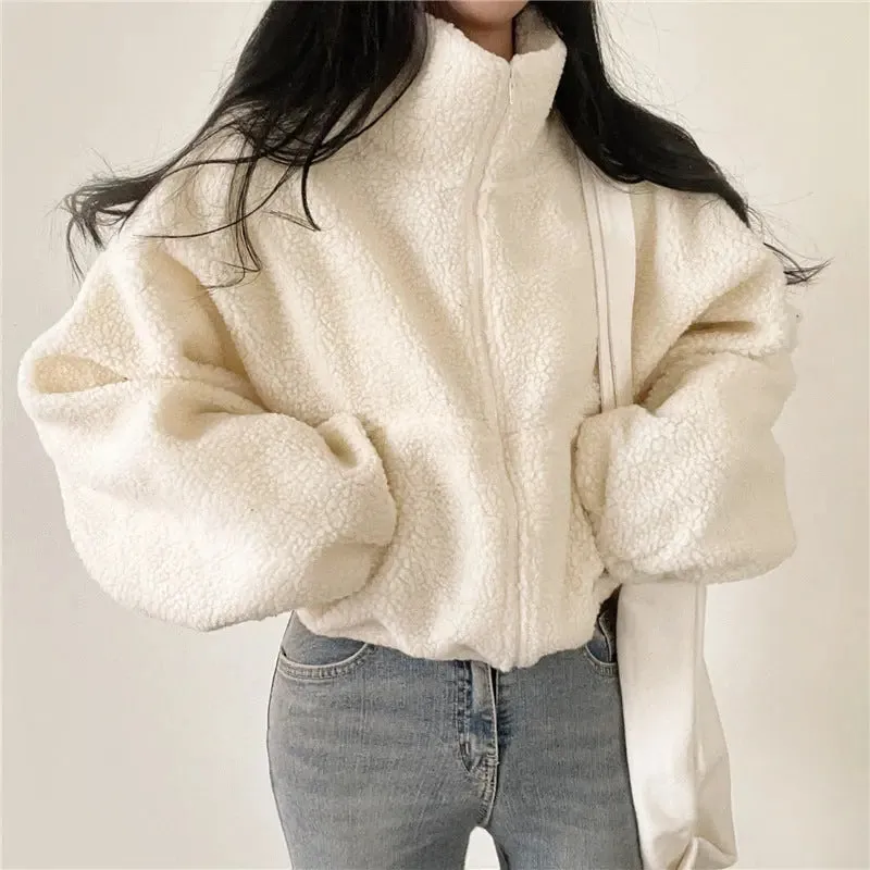 Stand-up Collar Thermal Faux Lamb Fur Coat Women's Autumn And Winter New Loose Temperament Zip Cardigan Tops