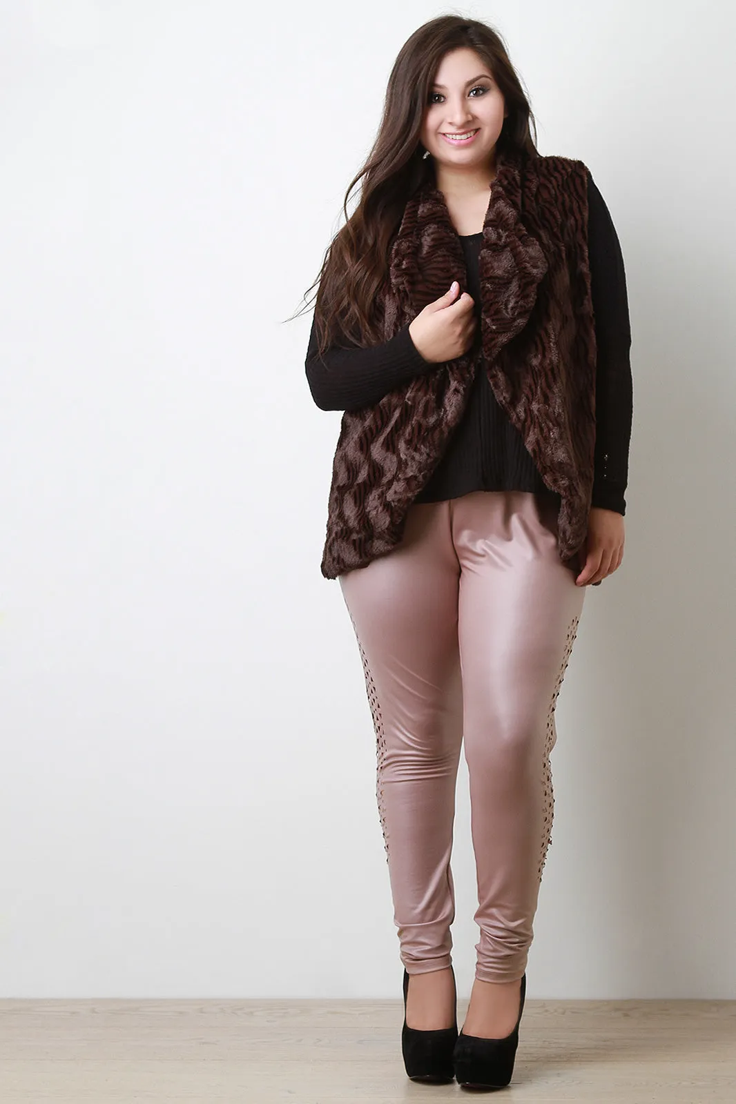 Striped Texture Faux Fur Vest