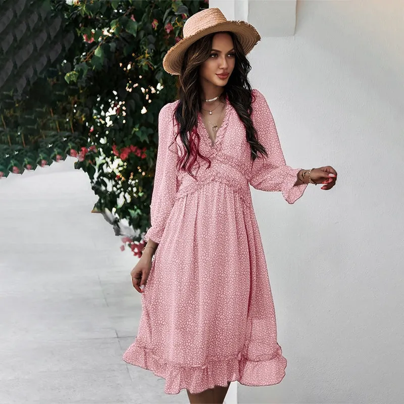 Summer Spring Floral Print Deep V-neck Long Sleeve Dresses