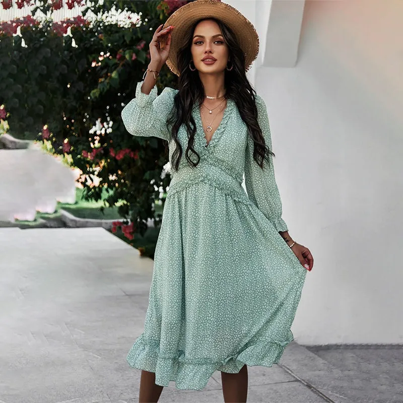 Summer Spring Floral Print Deep V-neck Long Sleeve Dresses