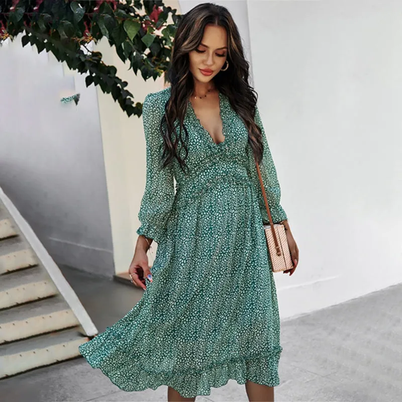 Summer Spring Floral Print Deep V-neck Long Sleeve Dresses