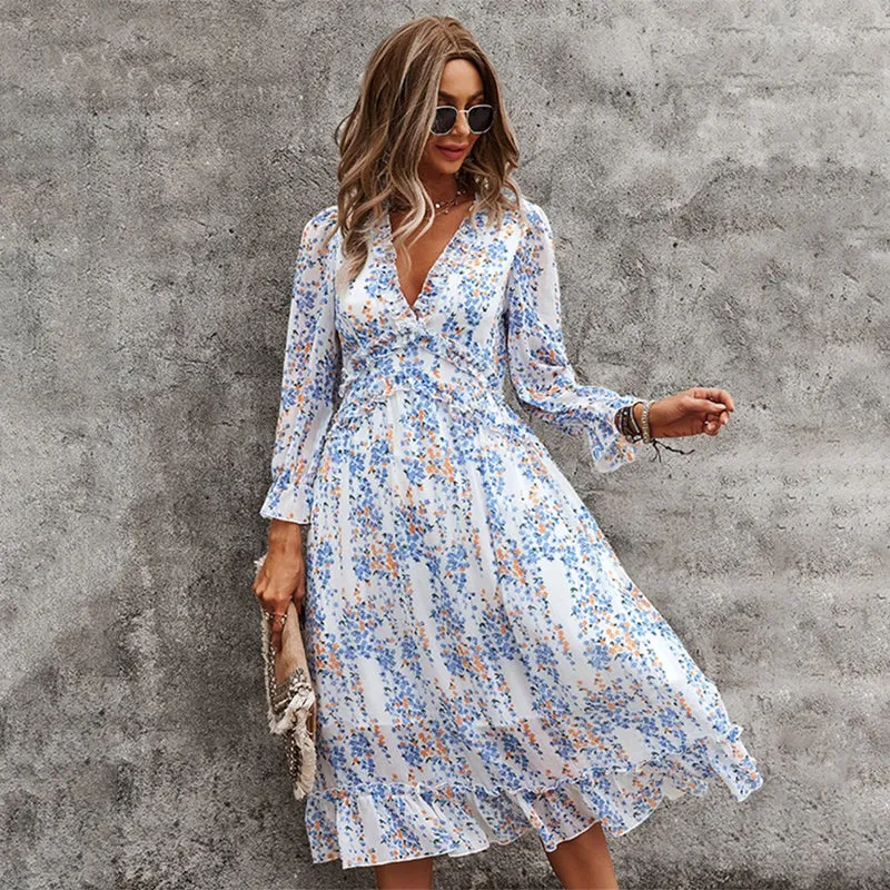 Summer Spring Floral Print Deep V-neck Long Sleeve Dresses