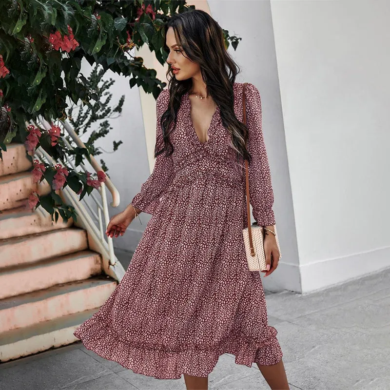 Summer Spring Floral Print Deep V-neck Long Sleeve Dresses