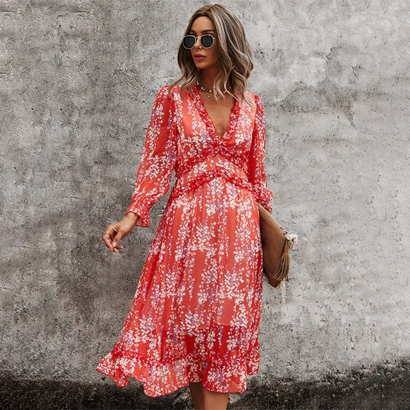 Summer Spring Floral Print Deep V-neck Long Sleeve Dresses