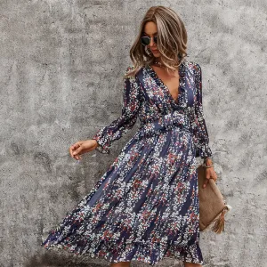 Summer Spring Floral Print Deep V-neck Long Sleeve Dresses