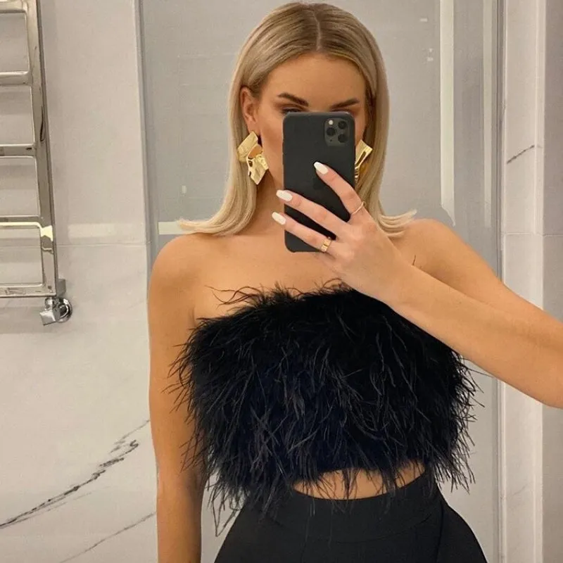 Trendy Soft and Fluffy Fur Tube Party Off-Shoulder Cropped Tops