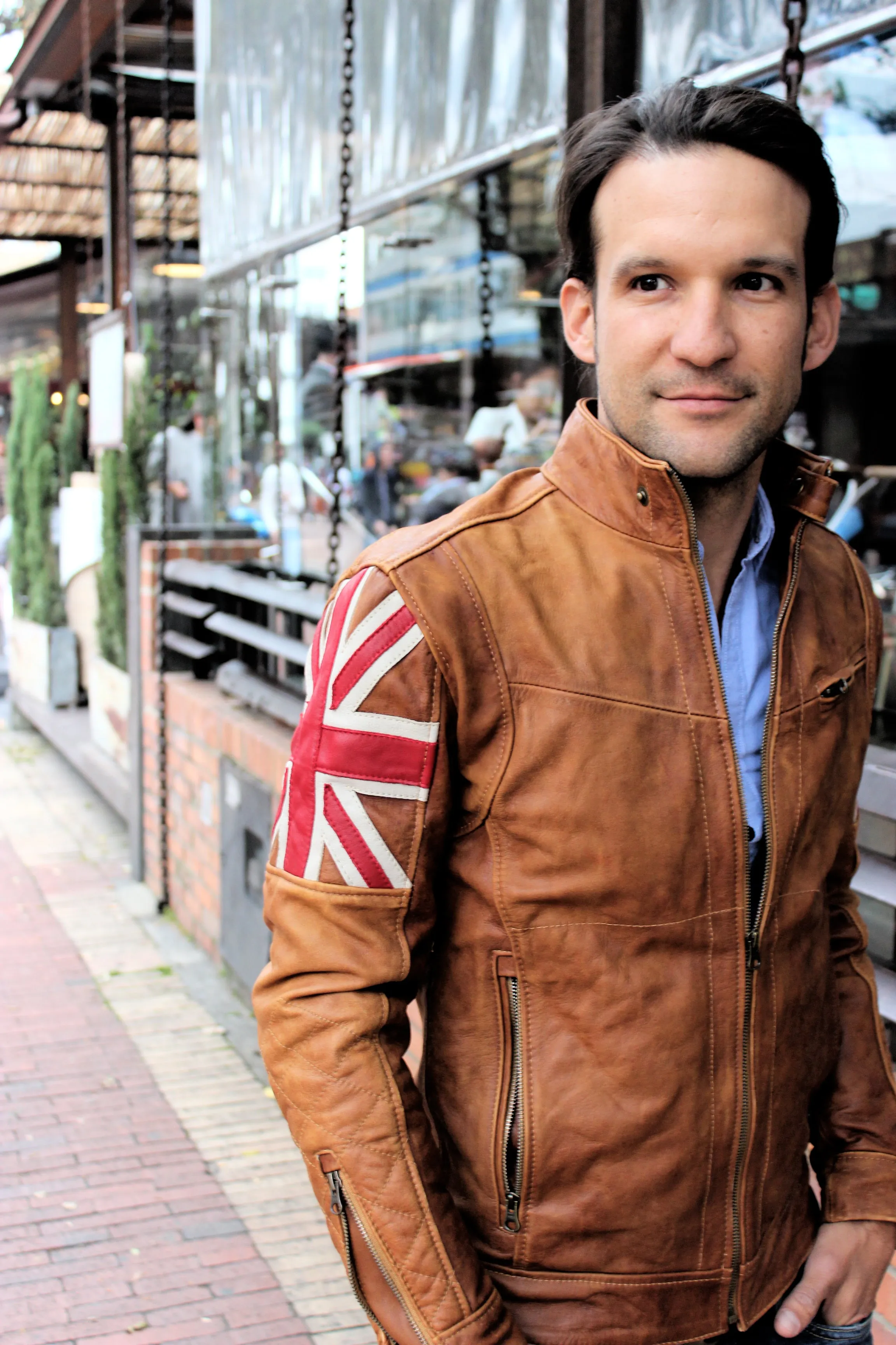 UNION JACK Leather Jacket in Brown Color British Flag Cafe Racer- Limited Ed