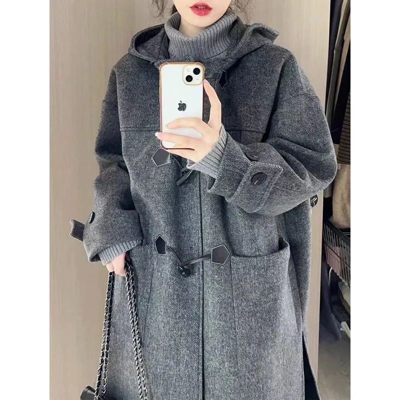 Vevesc skater boy outfits Korean Style High-Grade Gray Horn Buckle Hooded Woolen Coat Mid-Length Autumn and Winter Loose Temperament Coat for Women