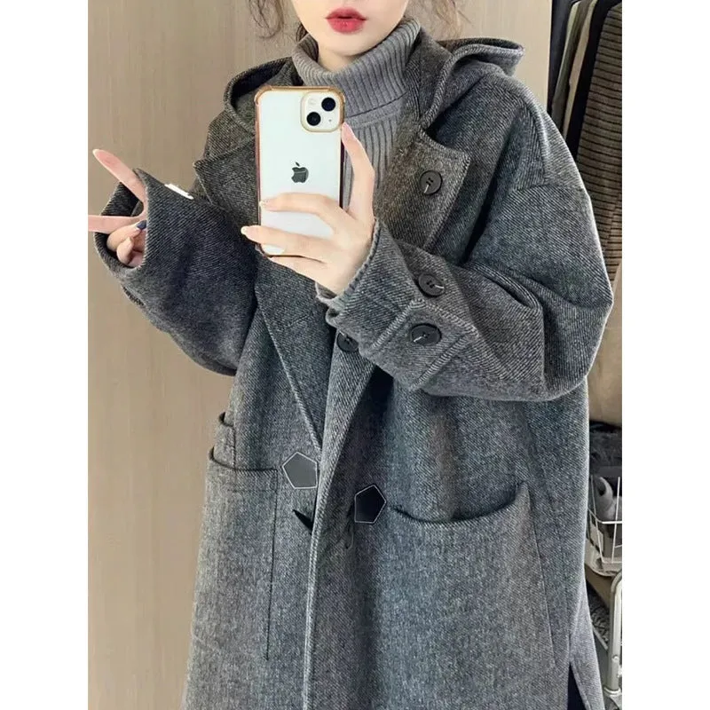 Vevesc skater boy outfits Korean Style High-Grade Gray Horn Buckle Hooded Woolen Coat Mid-Length Autumn and Winter Loose Temperament Coat for Women