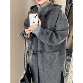 Vevesc skater boy outfits Korean Style High-Grade Gray Horn Buckle Hooded Woolen Coat Mid-Length Autumn and Winter Loose Temperament Coat for Women