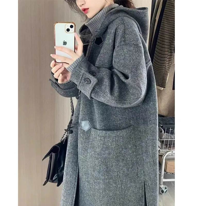 Vevesc skater boy outfits Korean Style High-Grade Gray Horn Buckle Hooded Woolen Coat Mid-Length Autumn and Winter Loose Temperament Coat for Women