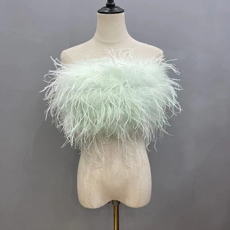 Vibrant and Glamorous Fur Tube Off-Shoulder Crop Tops