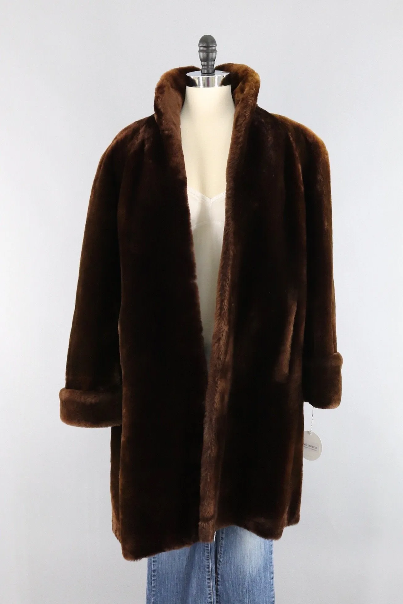 Vintage 1950s Long Brown Mouton Fur Swing Coat