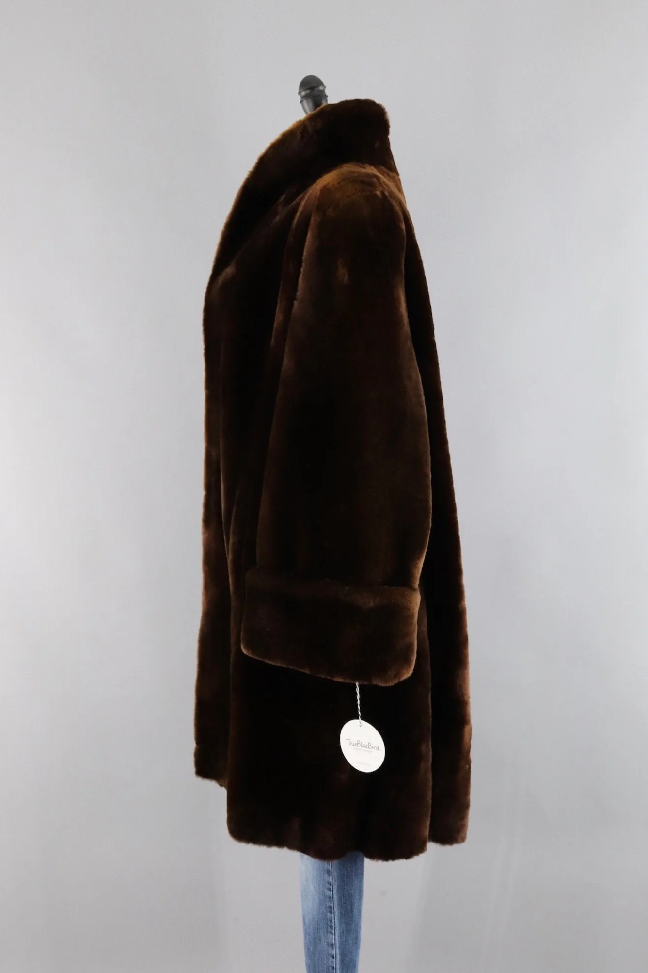 Vintage 1950s Long Brown Mouton Fur Swing Coat