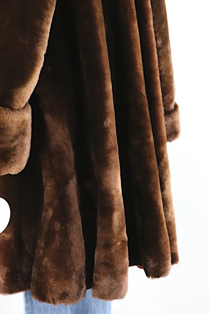 Vintage 1950s Long Brown Mouton Fur Swing Coat