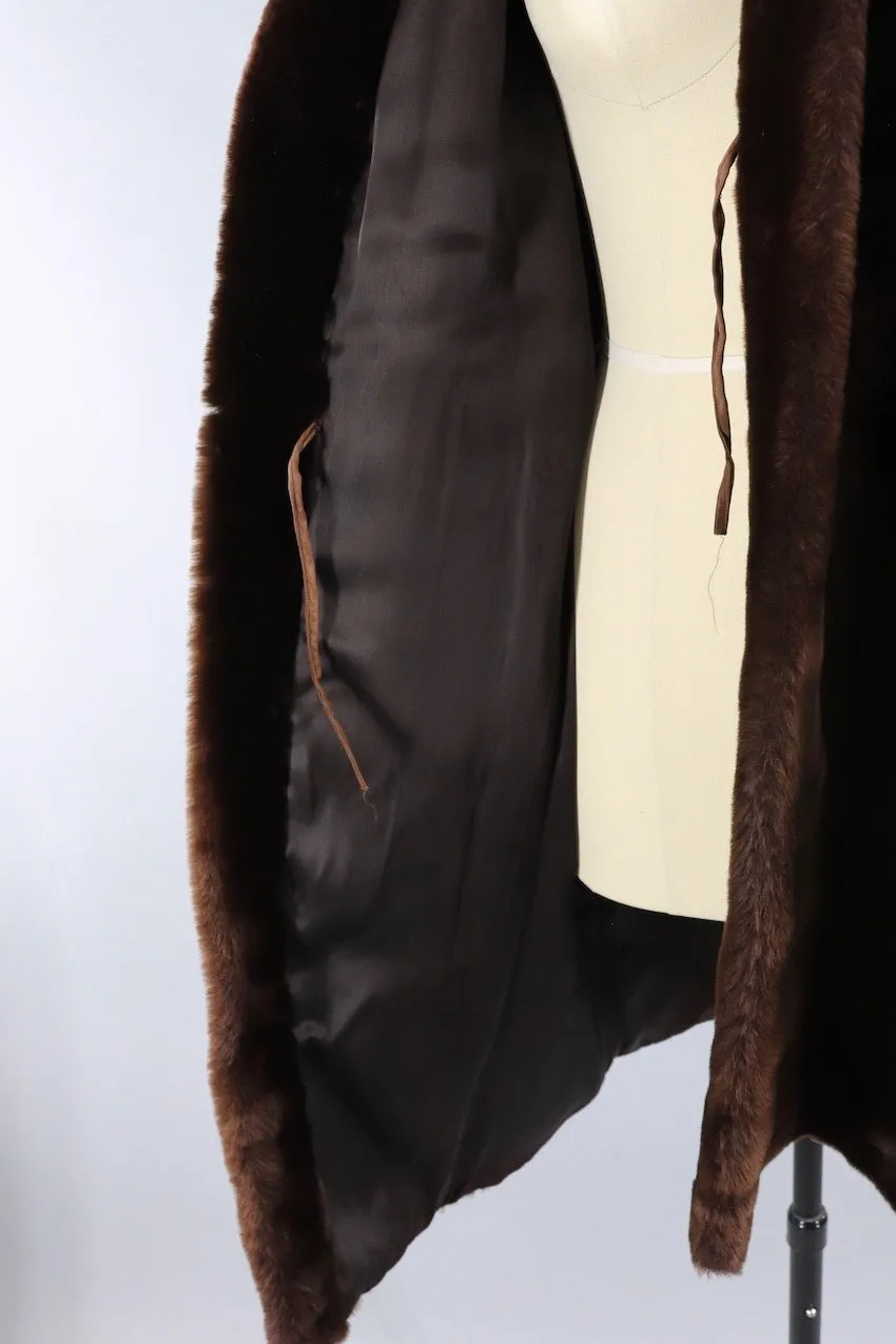 Vintage 1950s Long Brown Mouton Fur Swing Coat