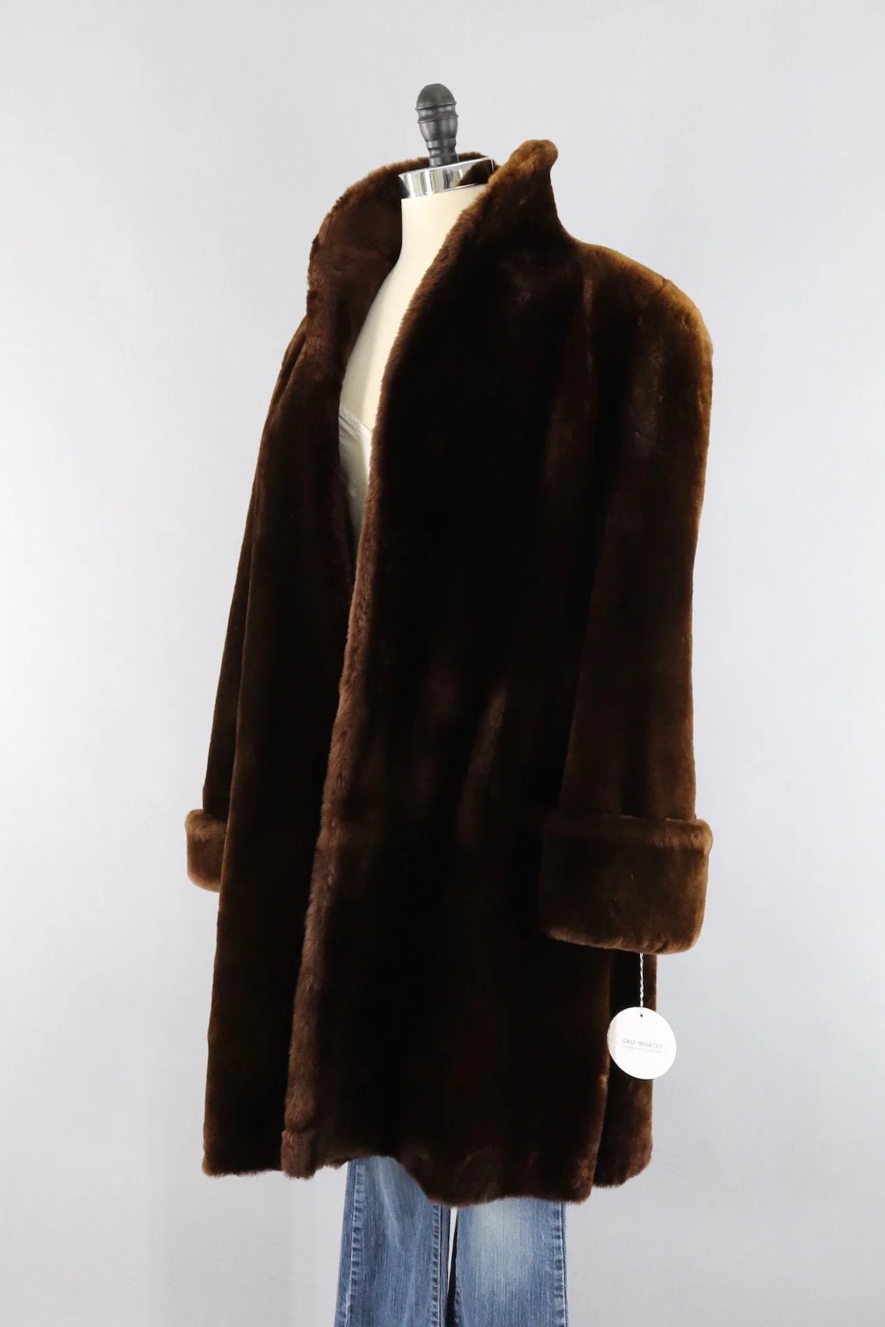 Vintage 1950s Long Brown Mouton Fur Swing Coat