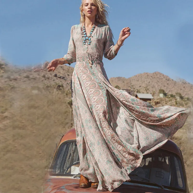 Vintage Bohemian Floral Hippie Dress with Front Slit