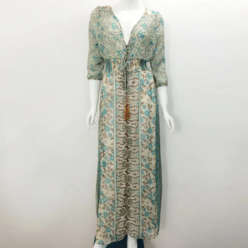 Vintage Bohemian Floral Hippie Dress with Front Slit