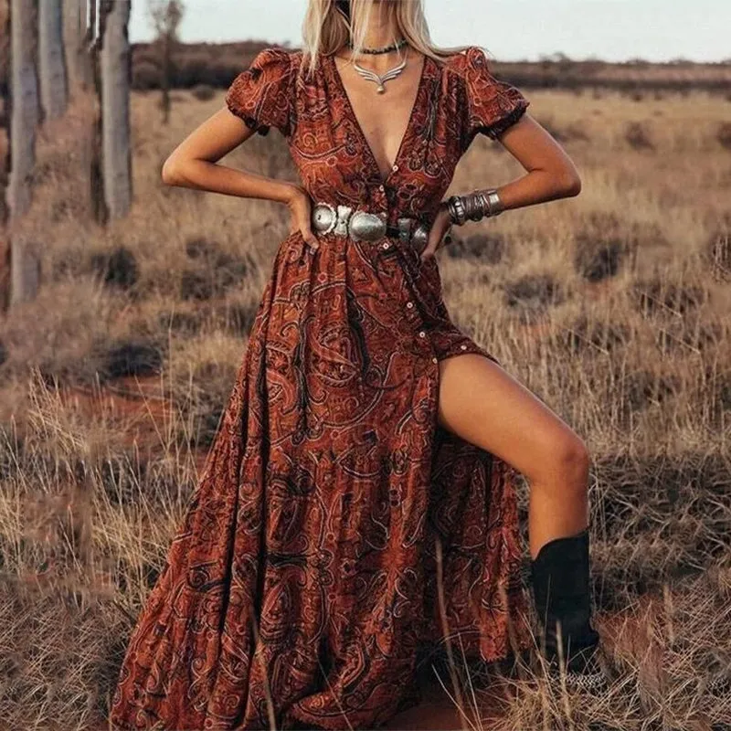 Vintage Bohemian Floral Hippie Dress with Front Slit