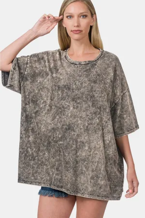 Washed Round Neck Drop Shoulder Oversized T-Shirt