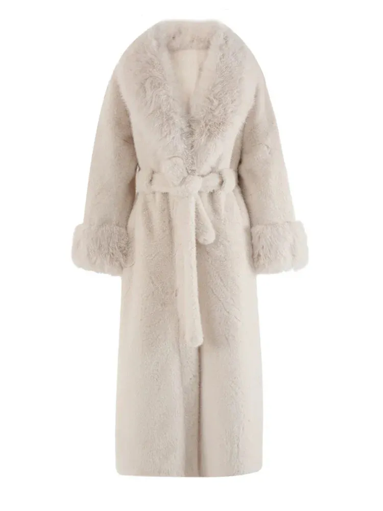 Wenkouban-Winter outfits Christmas Black Friday Fluffy Lapel Warm Long Beige Faux Fur Coat with Belt