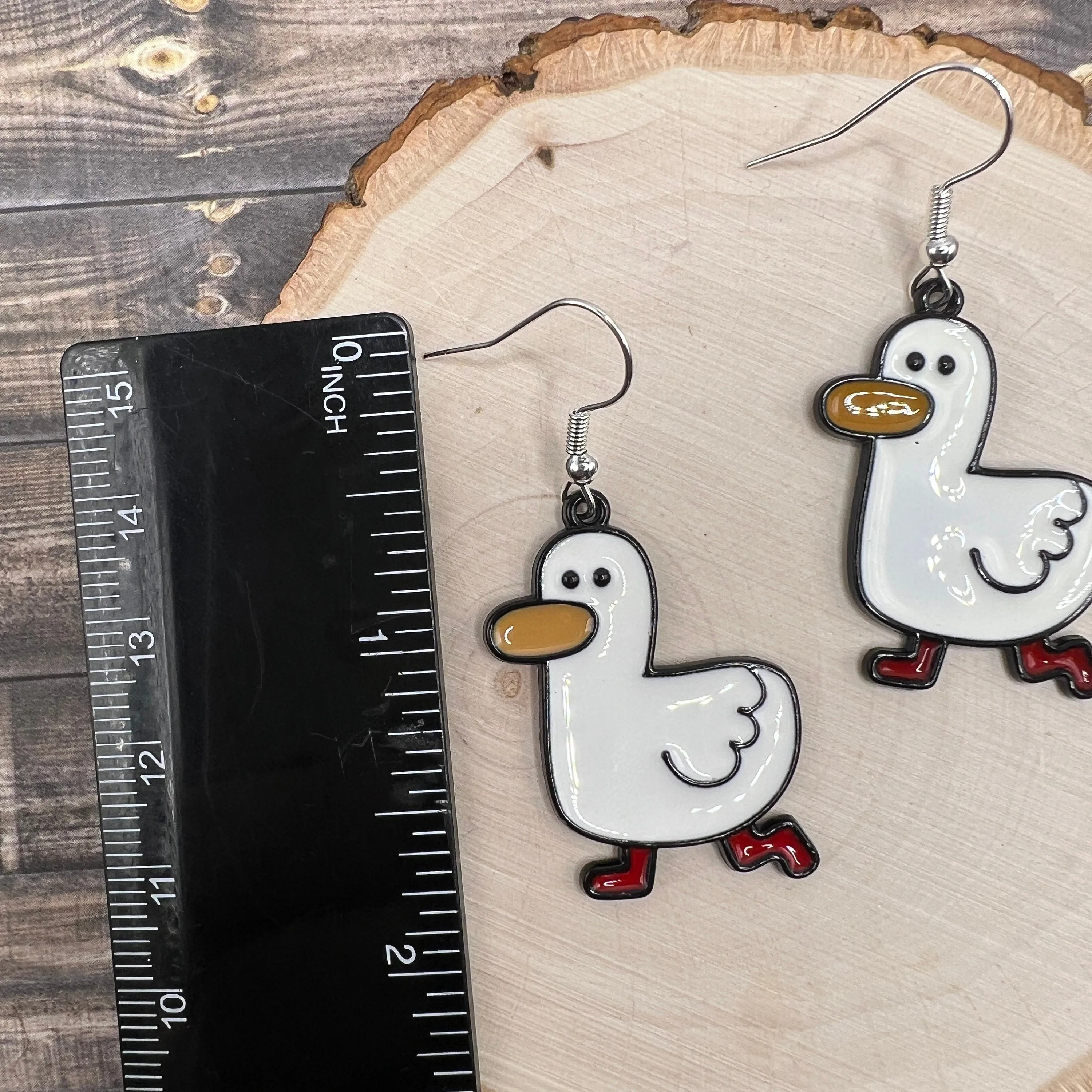 Whimsical Cartoon White Duck  Goose  Earrings - Animal Design Black Painted Enamel Hypoallergenic Hooks - Gift for Animal Lovers