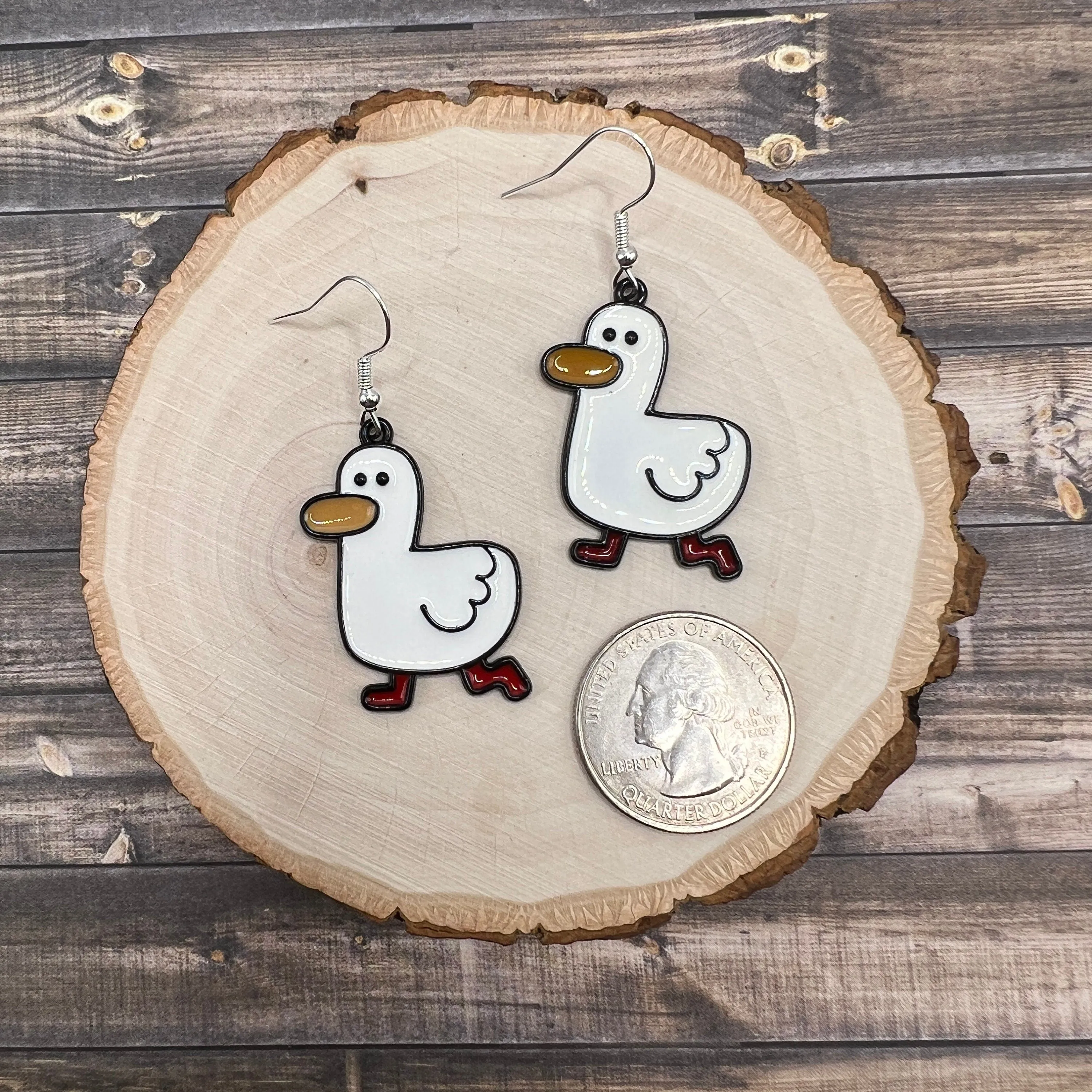 Whimsical Cartoon White Duck  Goose  Earrings - Animal Design Black Painted Enamel Hypoallergenic Hooks - Gift for Animal Lovers