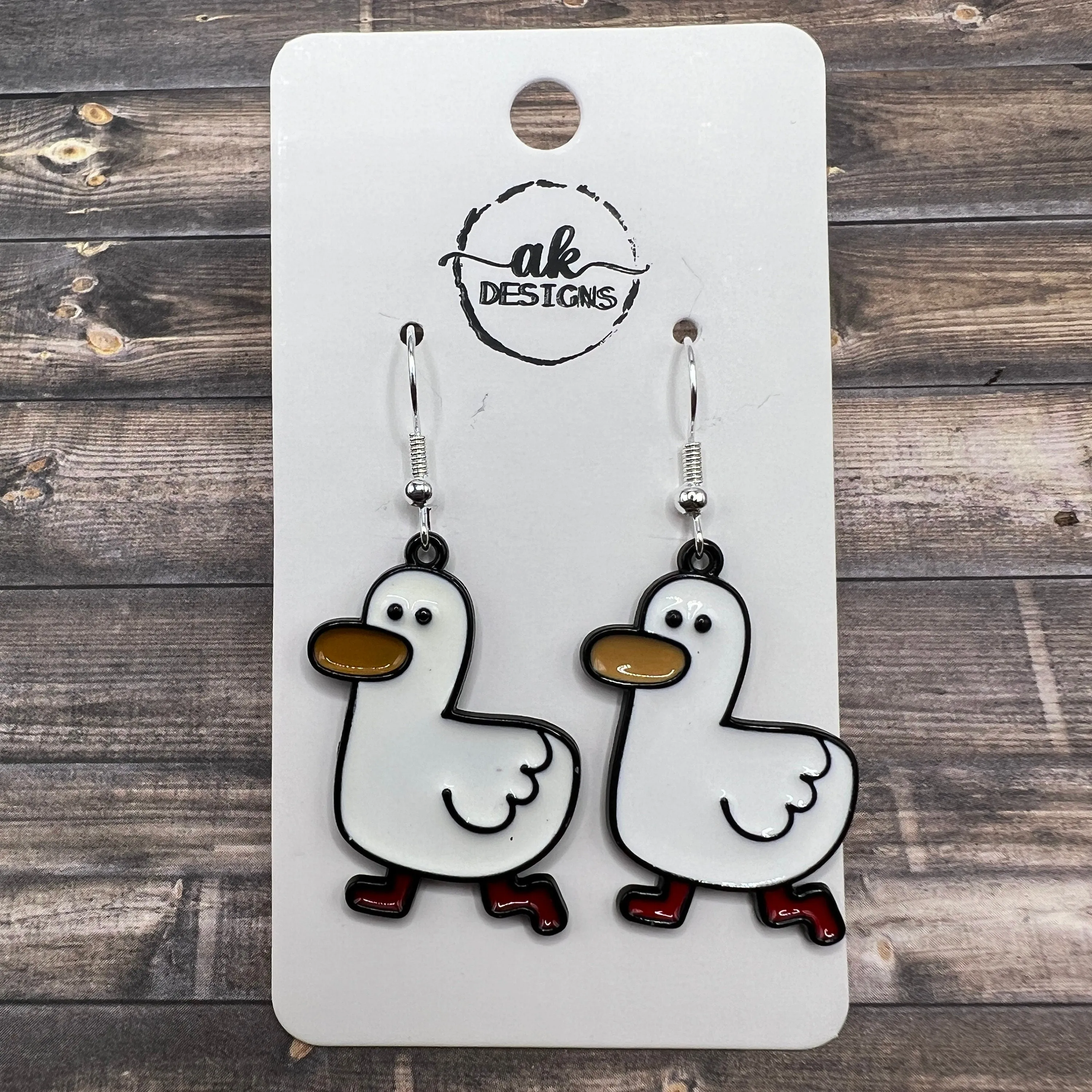 Whimsical Cartoon White Duck  Goose  Earrings - Animal Design Black Painted Enamel Hypoallergenic Hooks - Gift for Animal Lovers